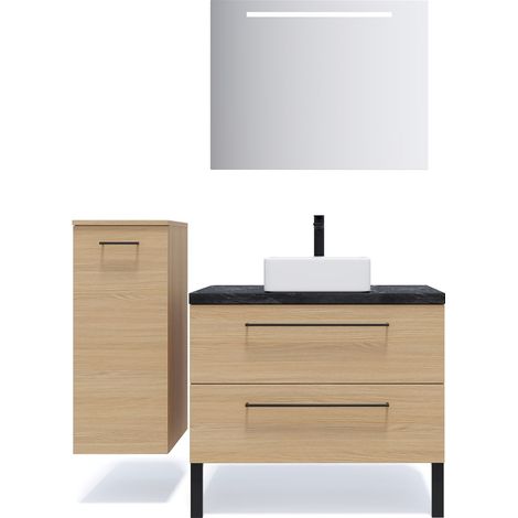Meuble de salle de bain suspendu vasque à poser 90cm 2 tiroirs Chêne clair + miroir + colonne ouverture gauche - Glasgow (1/5)