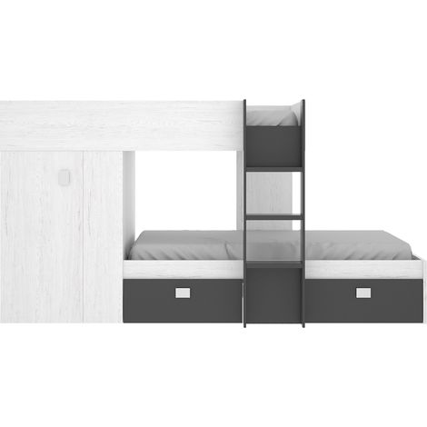 Lit enfant superposé avec armoire et 2 tiroirs coloris Blanc, graphite - Longueur 271 x Profondeur 111 x Hauteur 150 cm (1/5)