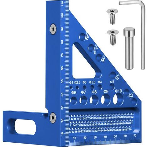 Équerre de charpentier multi-angles 3D avec goupilles cachées, 22,5-90°, alliage d'aluminium, avec gabarit de perçage pour 11 types de trous différents, bleu (1/4)