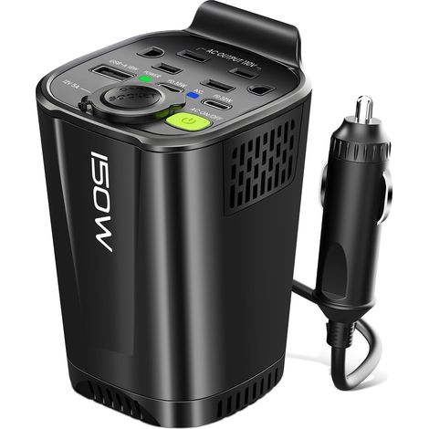 150 W Auto-Spannungswandler, 12 V DC auf 110 V AC Autosteckdosenadapter-Konverter mit 2 AC-Steckdosen, 18 W USB A und 30 W Dual-PD-Autoladegerät für Laptops – Schwarz