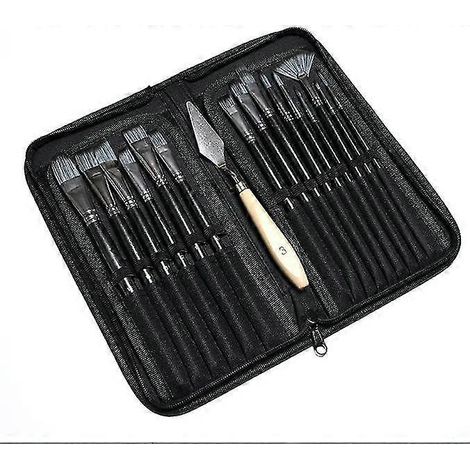 Pinceaux en nylon Jinxiu pour aquarelle, huile/spatule, ensemble de pinceaux aquarelle en nylon pour peinture à l'huile (noir + couleur bois) (16 pièces) (1/5)