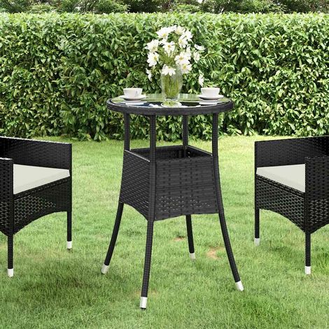 Table de jardin ronde en résine tressée et verre trempé pour terrasse balcon Noir Ø60x75 cm - PANGIVO (1/5)