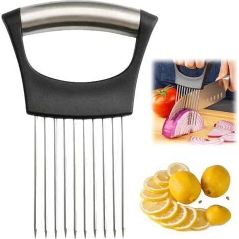 Stainless steel onion slicer holder, new onion holder for slicing, lemon cutter, vegetable cutter, chopper, slicing aid tool for potatoes, tomatoes, onions (1 pc) (1/5)