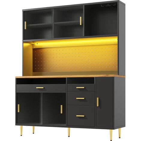 Aparador alto con iluminación LED 145 x 39 x 171 cm de MDF, metal y vidrio negro HOMVRA (1/4)