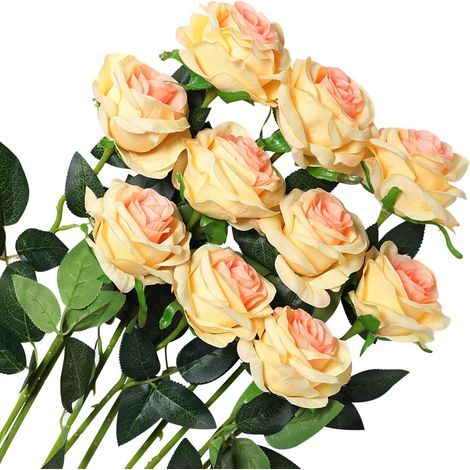 10 pièces Artificielle Roses Fleurs De Soie Faux Bouquets Floraux pour La Décoration De Mariage Maison Décoration De Fête d'anniversaire Jardin Décor (Champagne - Roses épanouies) (1/5)