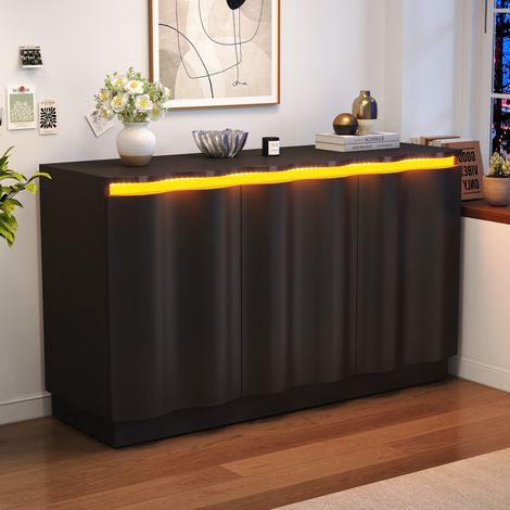 Aparador 120 cm con LED RGB Bluetooth y 3 puertas onduladas, mueble de almacenaje moderno para comedor y recibidor, negro (1/5)