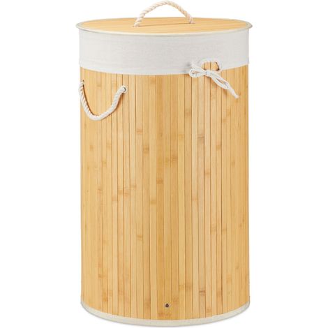 Panier à linge rond pliable grande capacité 65 x 41 cm transport facile style naturel en bambou beige (1/5)