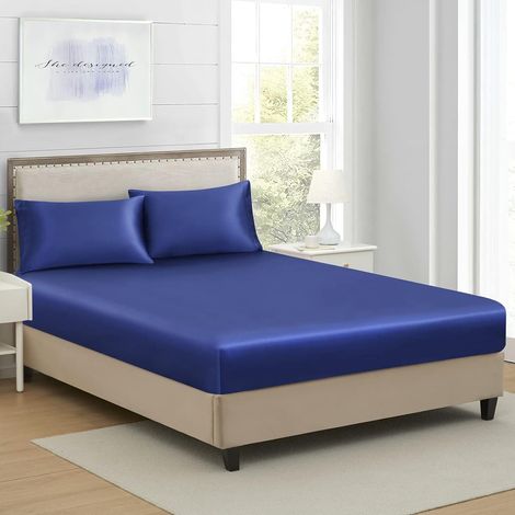 Drap Housse 160x200cm Bonnet 30 cm Bleu Marine Satin Microfibre Motif Drap de lit Soie Drap-Housse 160 x 200cm Uni Lisse Respirant pour Matelas Épais (1/5)