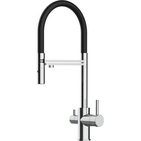 Rubinetto 3 vie miscelatore cucina cromato con canale separato per acqua filtrata, canna nera movibile e doccia due getti staccabile (1/7)