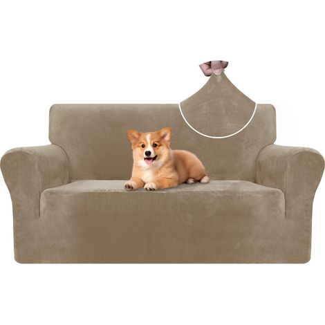 Samt Sofa Überzug 2 Sitzer, elastisch, rutschfest, haustierfreundlich, Kamel (1/5)