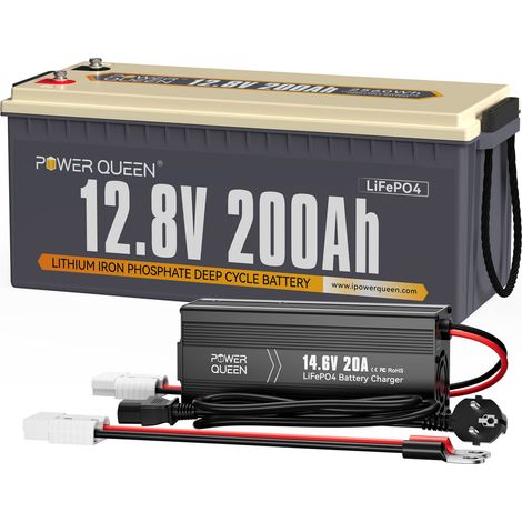 Power Queen – Batterie lithium 12V 200Ah LiFePO4 2560Wh – Chargeur 20A inclus – Protection BMS 100A – Température de fonctionnement -20℃ à 60℃