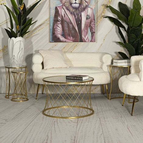 Dmora - Juego de 4 mesas de café Ibar, Mesa de centro baja, Revistero para sofá, Estante de la sala de estar, 70x70 h55 cm, Oro (1/5)