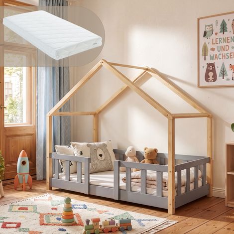 Kinderbett Treviolo 70x140 cm mit Kaltschaummatratze und Gitter Hellgrau/Natur [en.casa] (1/5)