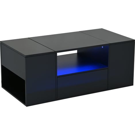 Couchtisch (100 x 50 x 40 cm), Beistelltisch mit einer Schublade,Ein Sofatisch mit zwei Schränken, ein hochglänzender Wohnzimmertisch mit LED-Lichtleisten,kaffetisch mit 6 Staufächern ,Schwarz (1/5)