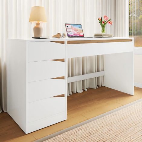 Bureau droit 140 x 50 cm avec 5 tiroirs – Bureau d'ordinateur moderne avec large plan de travail, coiffeuse avec rangements – Pour bureau chambre ou coin étude – Blanc