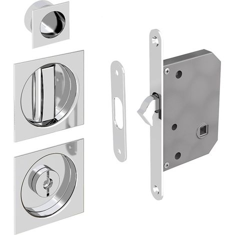 WC Hakenschloss Set für Schiebetüren, eckige Türrosette mit Griffmulde, Badezimmerschloss, Einsteckschloss, silber verchromt