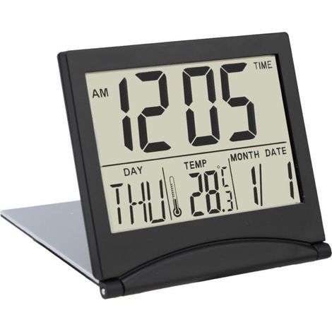 Horloge avec Date et Jour LCD Alarme de Voyage Pliable – Digitale Réveil Numérique - Horloge de Bureau, Table avec Indication de la température et de la Date – Noir (1/4)