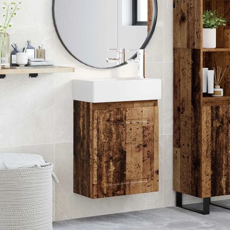 Meuble De Salle De Bain Avec Robinet Bois Ancien, Lavabo Céramique, Porte Réversible (1/4)