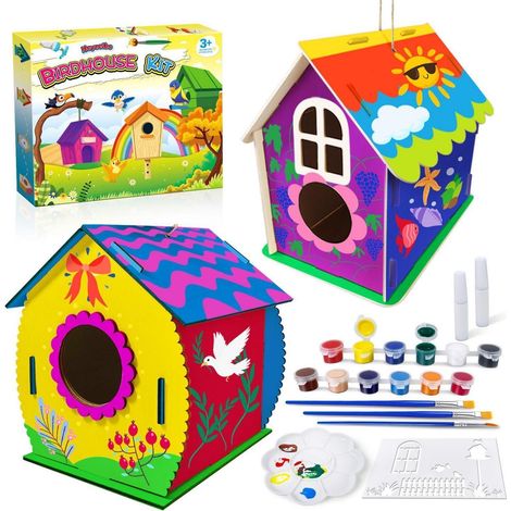 Holz Vogelhaus Bausatz mit Farben zum Bemalen für Kinder, 2 Stück