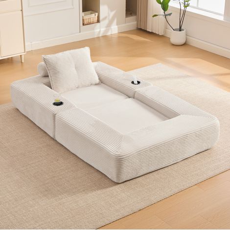 Canapé-lit pliable 122x98x80 cm beige avec porte-gobelet et poche latérale, velours côtelé MEUBLIV (1/5)