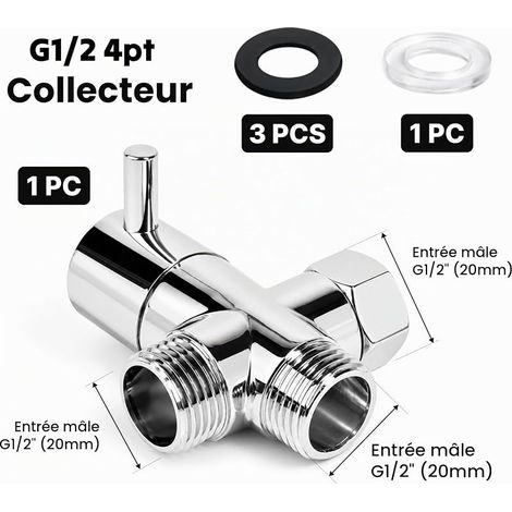 Robinet d'Arrêt en T 3 Voies G1/2 en Laiton Massif, Robinet 3 Voies avec Adaptateur de Raccordement, Vanne d'Arrêt Chromée pour Douche, Installation Sanitaire et Salle de Bain (1/5)