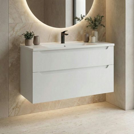 Meuble vasque suspendu 100 cm blanc 2 tiroirs ELYO (1/4)