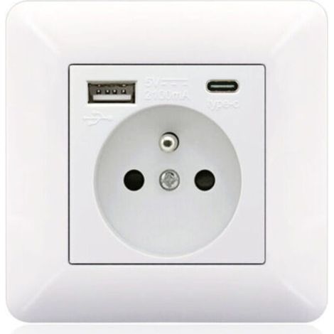 Prise murale française 2P+T avec USB et USB-C, type 86, 16 A, blanc, sécurité anti-arc, 2 prises + 1 port USB + 1 port USB-C (1/5)