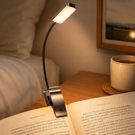 Lampe de lecture à pince rechargeable 9 LED, 3 températures de couleur, variateur continu, col flexible 360°, noire (1/5)