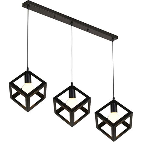 Lustre Creative Cube Noire 3 Lumières Suspension Luminaire Rétro En Métal, Pour Bureau, Café, Chambre À Coucher, Cuisine, Salon, Cuisine, Bar, E27