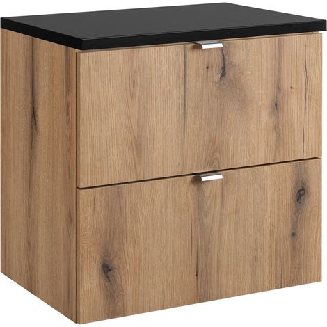 Meuble sous vasque suspendu 2 tiroirs avec le plan noir NOVA OAK 60 CM (1/5)