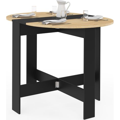 EDI Consolle rotonda pieghevole 2-4 persone in legno nero piano in faggio 103 x 76 cm