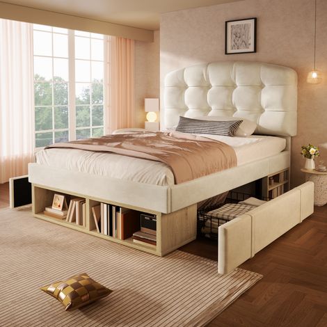 Letto singolo 90x200 imbottito in velluto beige con base a doghe, struttura letto con testiera curva regolabile in altezza, letto con cassetti e vano contenitore, letto per ragazzi, letto per camera d