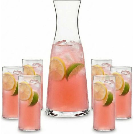 Set Caraffa e 6 Bicchieri Vetro Brocca 1 Litro Ergonomica e Calici Bibita 41cl Alta Resistenza per Acqua Cocktail Uso Domestico e Professionale Trasparente (1/5)