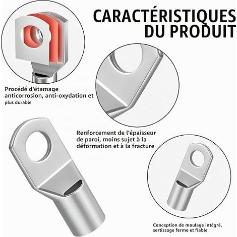 Cosses Tubulaires 50mm² M8, Cosse à Sertir Nue SC50-8 Cosses Électriques à Sertir 50mm², Connecteur de Câble Cosse Ronde Œillet en Cuivre Étamé de Câble Anneau (1/3)