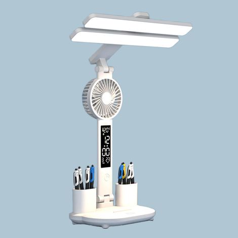 Lampe de table horloge pour le bureau, lampe de lecture, lampe de table LED à double lampe avec ventilateur et rechargeable (1/5)