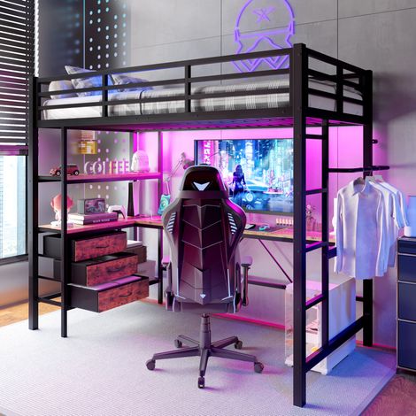 Lit mezzanine 90 x 200 cm noir en métal avec bureau, LED et 3 tiroirs pour rangement pratique (1/5)