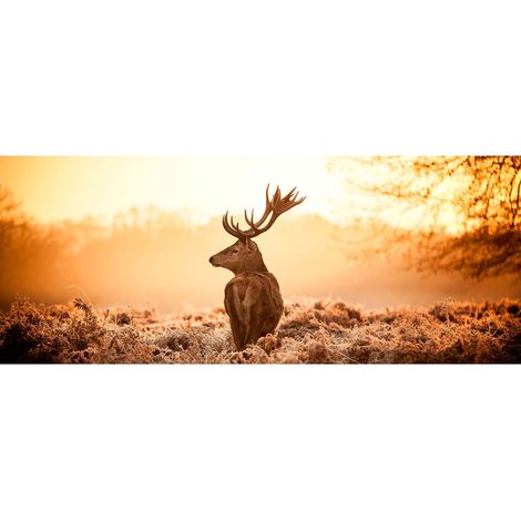 Tableau paysage cerf dans la forêt | Tableau sur toile hiver pour salon et chambre | Tableau animaux et coucher de soleil marron et orange - 1,0 x 0,4 m (1/2)