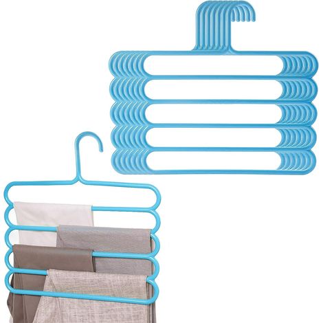 Paquete de 8 perchas para pantalones, 5 capas para adultos, ahorro de espacio, múltiples perchas de plástico, organizador de pantalones para pantalones, vaqueros, faldas, bufandas, toallas (azul) (1/5)
