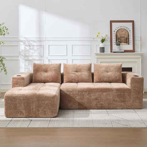 Canapé d'angle en L entièrement compressible de 258 cm de large avec trois coussins - un canapé classique, minimaliste et confortable, idéal pour les petits salons et les appartements