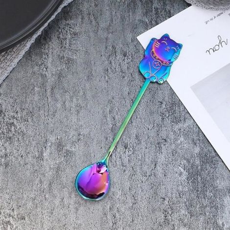 Cuillère,Cuillère à mélanger à café de dessin animé, chat porte bonheur mignon en acier inoxydable 304 cuillère à Dessert - Type 6 (1/4)