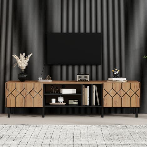TKOPY - Meuble tv 180 cm longueur - table television salon - meuble tv avec rangement avec 2 portes - meuble salon avec 4 espaces de rangement ouverts - meuble tele style contemporain - meuble bas (1/5)