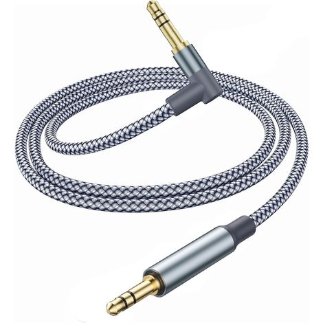 Câble audio auxiliaire 3,5 mm [1,2 M] Câble auxiliaire 90° avec fiche coudée, en nylon tressé, jack stéréo vers jack pour casque, autoradio, téléphone portable, PC, barre de son, chaîne stéréo