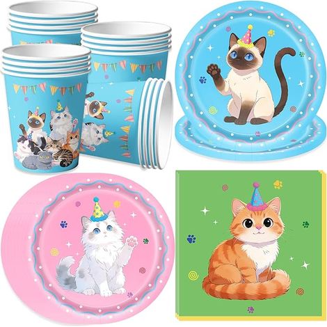 Ensemble de fournitures fête anniversaire chat Gobelets carton Assiettes carton décorations fête chat enfants (1/5)
