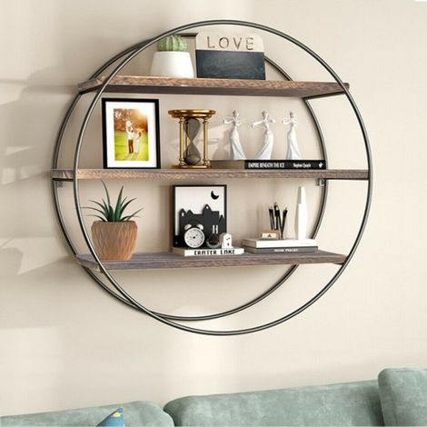 3 Layer Floating Wall Shelves Wood Geometric Decor Shelf Iron Frame Fit Bathroom (1/5)