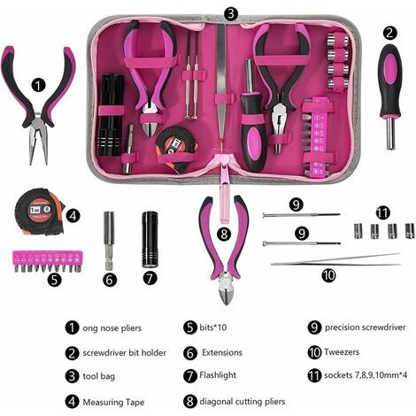 Pink Tool Kit 23 Pieces Women Home Tool Set with Tape Measure Cutters Sockets Screwdrivers for DIY Home Office Repair