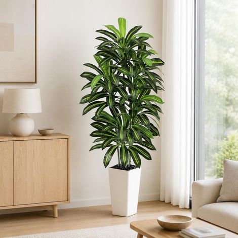 Plante Artificielle Dracaena Intérieur 180cm Arbre Artificiel Dracaena Faux Arbre en Soie avec Jardinière Blanche Faux Tropical Yucca Floor Plant pour Bureau à Domicile Décorati Blanc 180cm (1/5)
