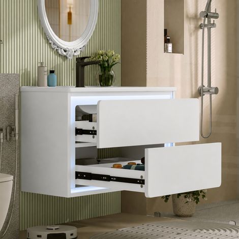 Meuble vasque mural blanc 76x46x48,5 cm, laqué intégralement, rangement 2 tiroirs avec fermeture douce, éclairage LED détecteur de présence, lavabo céramique inclus, salle de bains moderne (1/5)