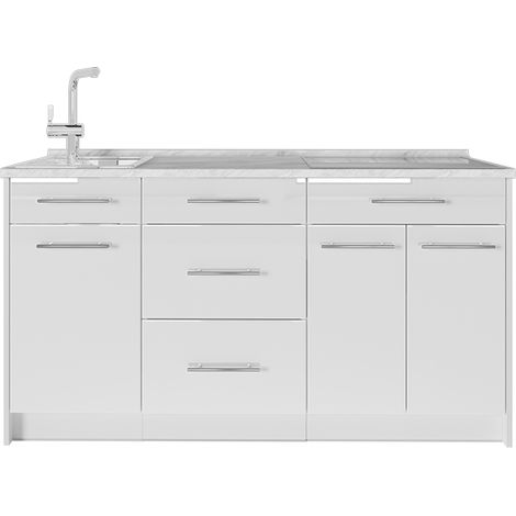 Cucine componibili piccole Fame-Line, Bianco lucido/Bianco, 150 cm, PL Marmo, Vicco (1/5)