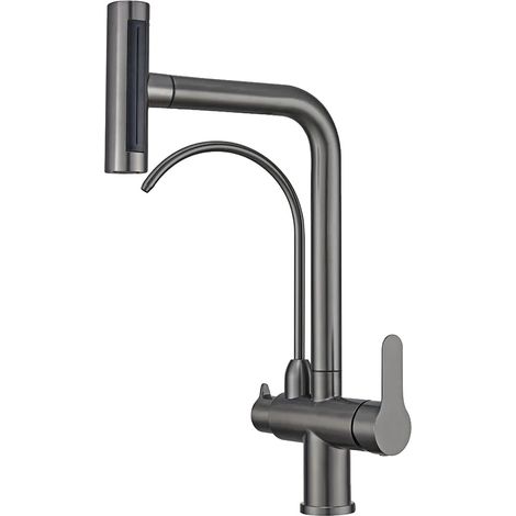 Rubinetto da cucina con doccetta estraibile, design a doppia maniglia, colore grigio canna di fucile. (1/2)