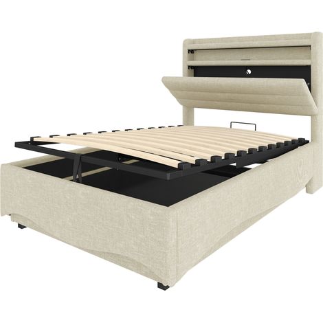 Gepolstertes Bett 90 x 200 cm mit LED, hydraulischem Stauraum, USB und Type-C, beige (1/5)
